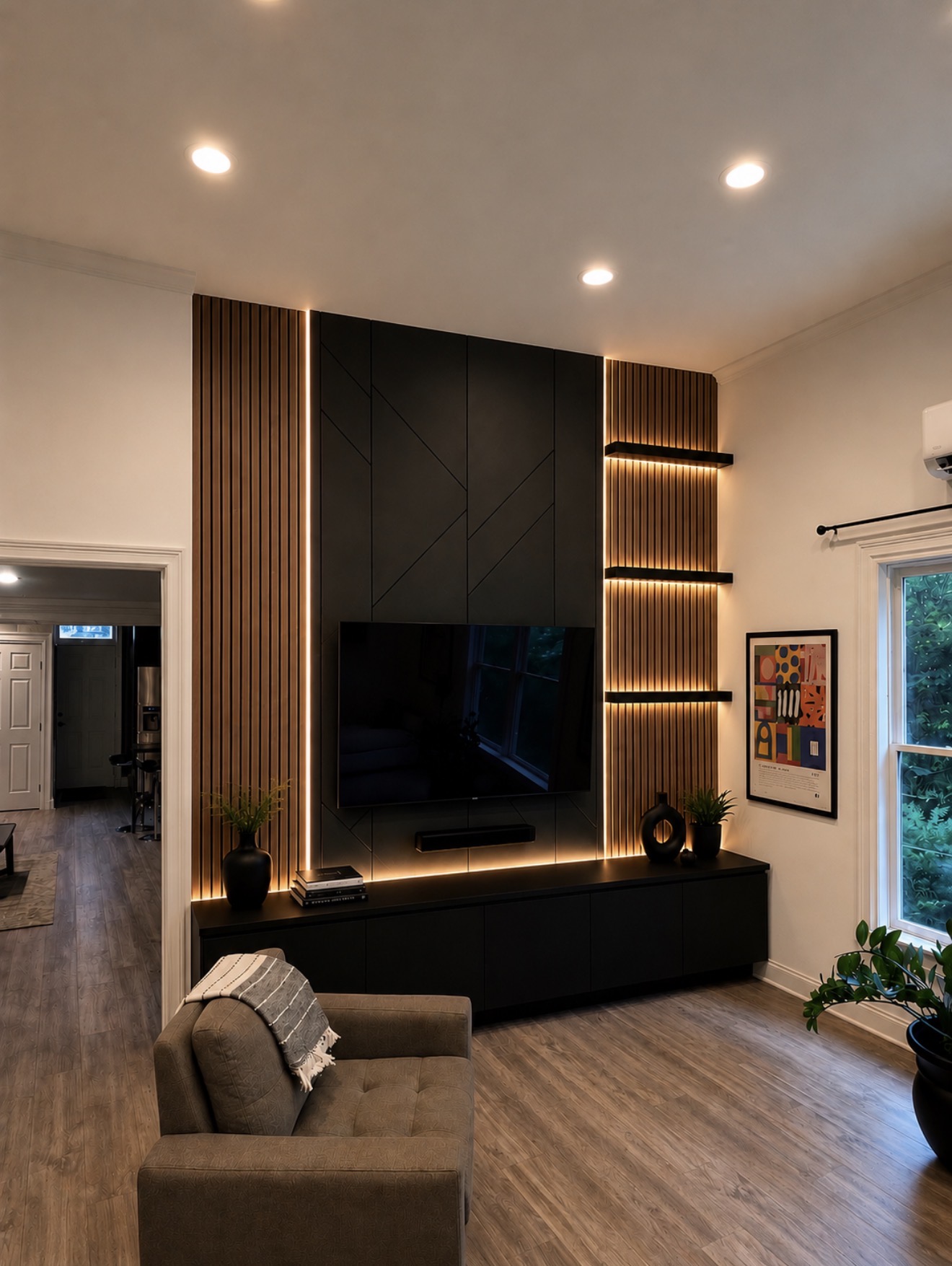 Custom media wall with wood slat panels and LED accent lighting