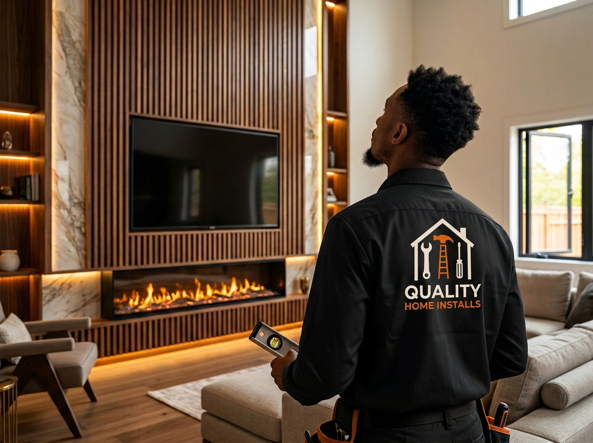 Jaquan Straughn on-site in branded gear beside a custom install